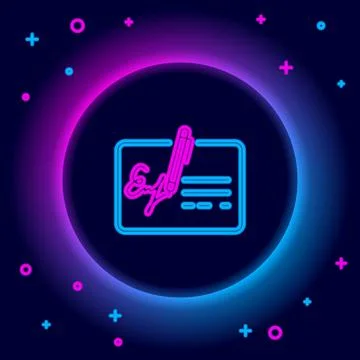 Glowing neon line Signed document line icon isolated on black background. Pen Stock Illustration