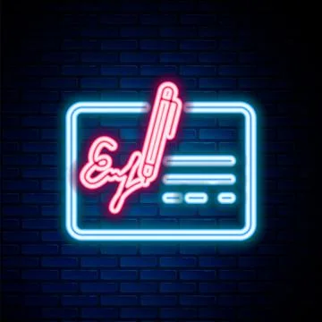 Glowing neon line Signed document line icon isolated on brick wall background Stock Illustration