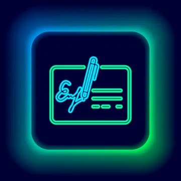 Glowing neon line Signed document line icon isolated on black background. Pen Stock Illustration