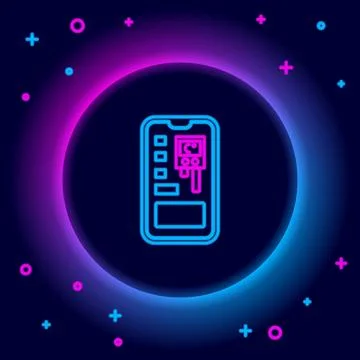 Glowing neon line Smart control farming system mobile application icon isol.. Stock Illustration
