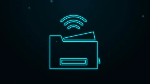 Glowing neon line Smart printer system icon isolated on black background Stock Footage 139657765