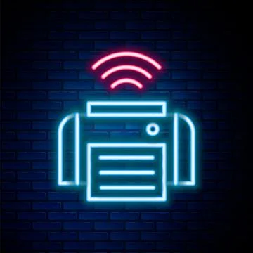 Glowing neon line Smart printer system icon isolated on brick wall background 스톡 일러스트