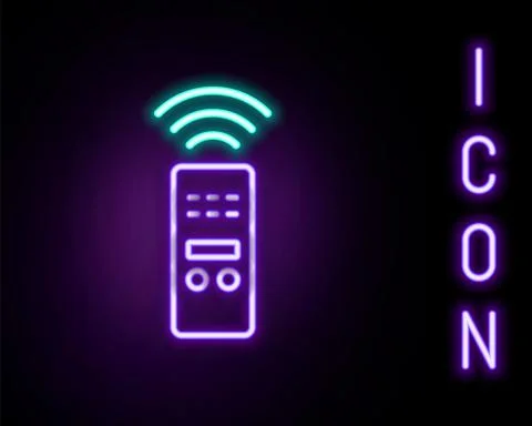 Glowing neon line Smart remote control system icon isolated on black background Illustrazione stock