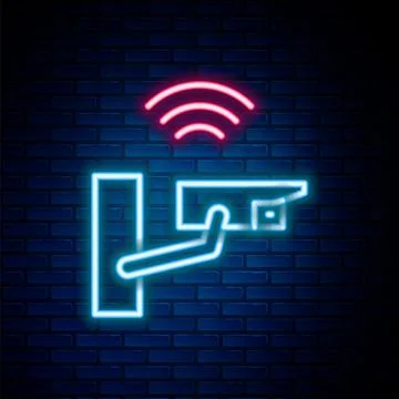 Glowing neon line Smart security camera icon isolated on brick wall background Stock Illustration
