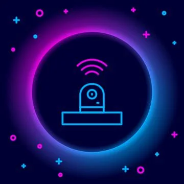 Glowing neon line Smart security camera icon isolated on black background Illustrazione stock