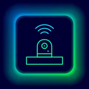 Glowing neon line Smart security camera icon isolated on black background Stock Illustration
