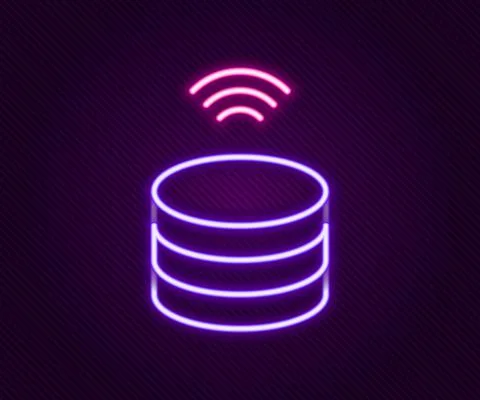 Glowing neon line Smart Server, Data, Web Hosting icon isolated on black Illustrazione stock