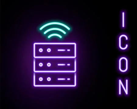 Glowing neon line Smart Server, Data, Web Hosting icon isolated on black ba.. Illustrazione stock