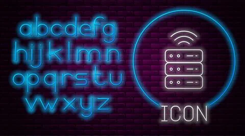Glowing neon line Smart Server, Data, Web Hosting icon isolated on brick wa.. Illustrazione stock