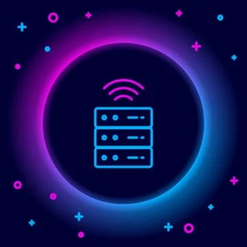 Glowing neon line Smart Server, Data, Web Hosting icon isolated on black ba.. Stockillustratie