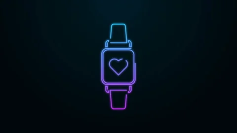 Glowing neon Smart watch showing heart beat rate icon isolated on blue  background. Fitness App concept. Vector Stock Vector