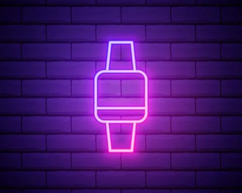 Glowing neon line Smartwatch with wireless symbol icon isolated on brick wall Stock Illustration