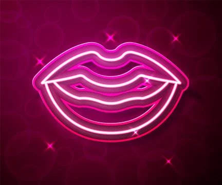 Glowing neon line Smiling lips icon isolated on red background. Smile symbo.. Ilustración de archivo
