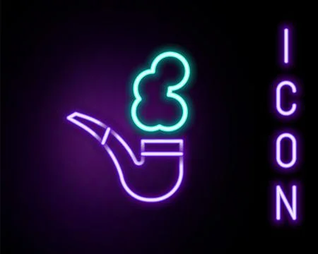 Glowing neon line Smoking pipe with smoke icon isolated on black background.. Stock Illustration