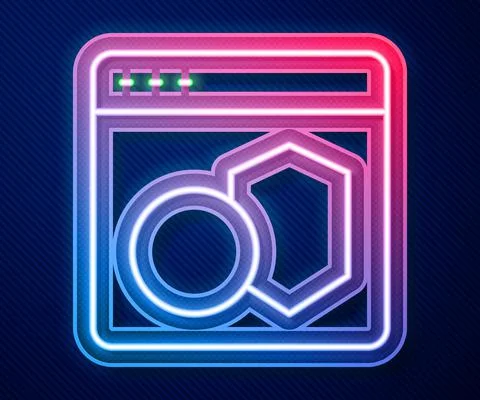 Glowing neon line Software, web developer programming code icon isolated on blue Stock Illustration