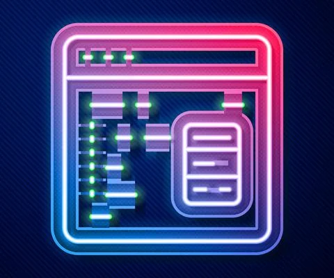 Glowing neon line Software, web developer programming code icon isolated on blue Illustrazione stock