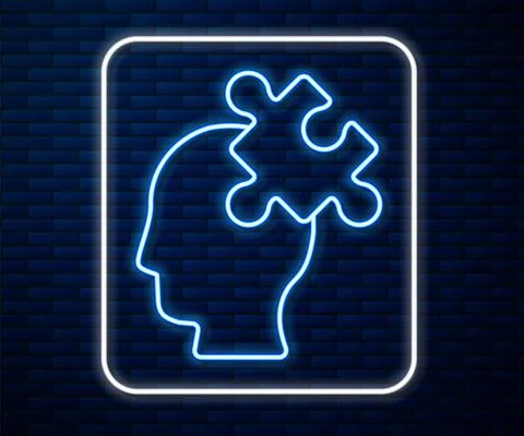Glowing neon line Solution to the problem in psychology icon isolated on brick Illustrazione stock