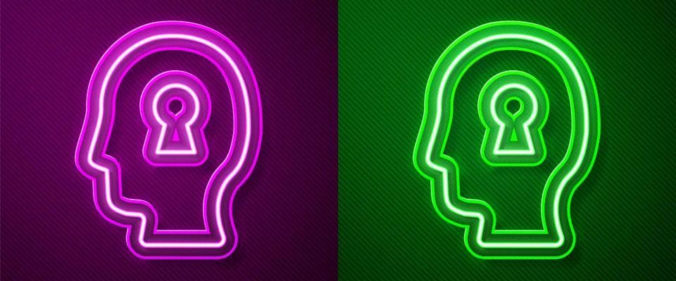 Glowing neon line Solution to the problem in psychology icon isolated on purple Illustrazione stock