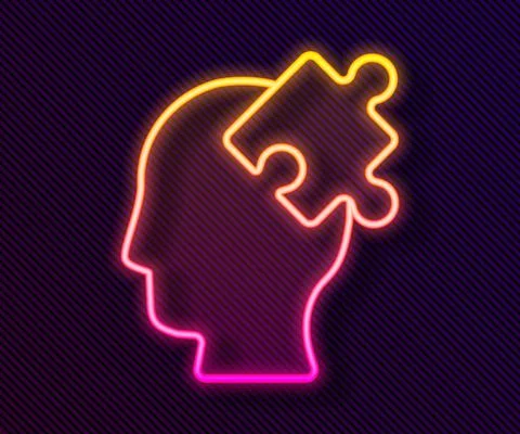 Glowing neon line Solution to the problem in psychology icon isolated on black Illustrazione stock