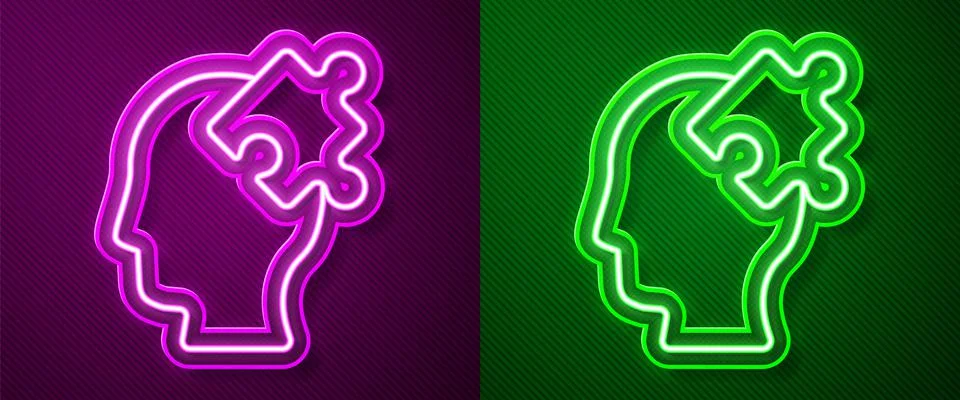 Glowing neon line Solution to the problem in psychology icon isolated on purple Illustrazione stock