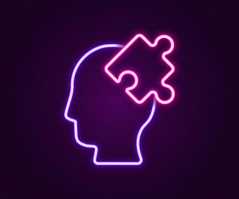 Glowing neon line Solution to the problem in psychology icon isolated on black Illustrazione stock