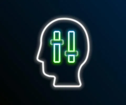 Glowing neon line Solution to the problem in psychology icon isolated on black Illustrazione stock