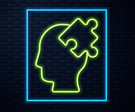 Glowing neon line Solution to the problem in psychology icon isolated on brick Stock Illustration