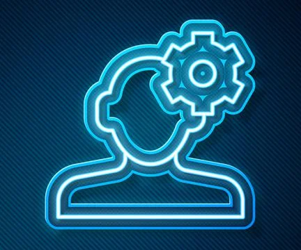 Glowing neon line Solution to the problem in psychology icon isolated on blue Illustrazione stock