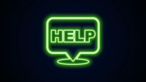 Glowing neon line Speech bubble with text Help icon isolated on black background Stock Footage 154102227