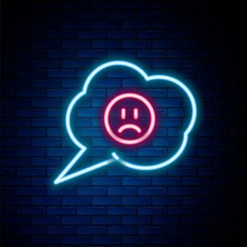Glowing neon line Speech bubble with sad smile icon isolated on brick wall Stock Illustration