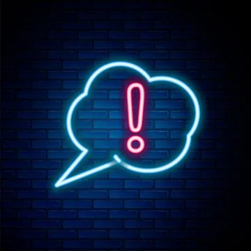 Glowing neon line Speech bubble and Exclamation icon isolated on brick wall Illustrazione stock
