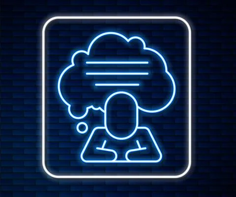 Glowing neon line Speech bubble chat icon isolated on brick wall background Illustrazione stock