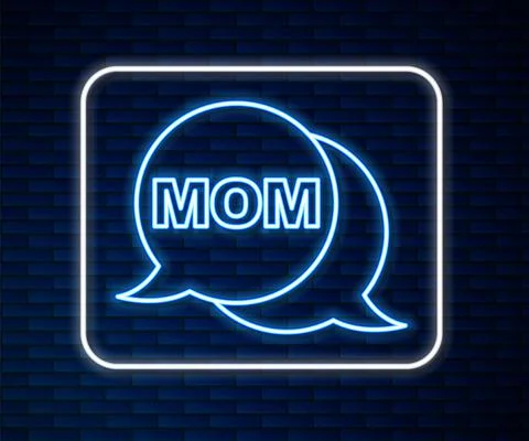 Glowing neon line Speech bubble mom icon isolated on brick wall background Illustrazione stock