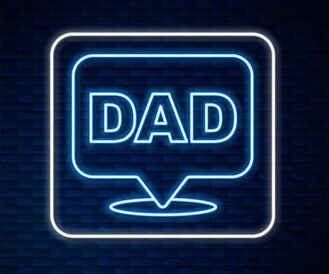 Glowing neon line Speech bubble dad icon isolated on brick wall background Illustrazione stock