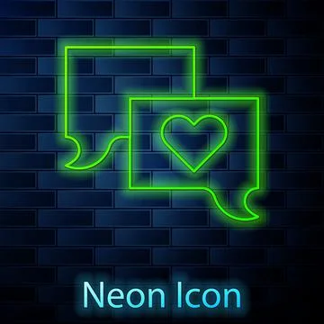 Glowing neon line Speech bubble chat icon isolated on brick wall background Illustrazione stock