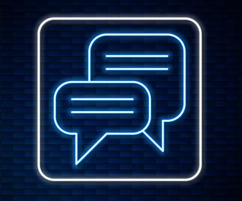 Glowing neon line Speech bubble chat icon isolated on brick wall background Illustrazione stock