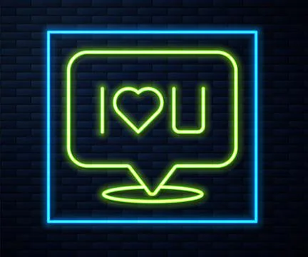 Glowing neon line Speech bubble with text I love you icon isolated on brick wall Illustrazione stock
