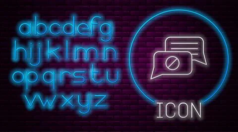 Glowing neon line Speech bubble chat icon isolated on brick wall background Stock Illustration