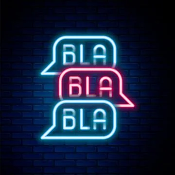 Glowing neon line Speech bubble chat icon isolated on brick wall background Illustrazione stock