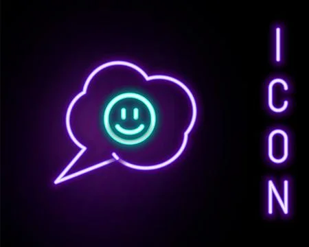 Glowing neon line Speech bubble with smile face icon isolated on black back.. Stock Illustration