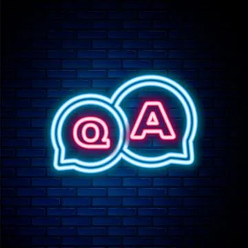 Glowing neon line Speech bubbles with Question and Answer icon isolated on brick Illustrazione stock