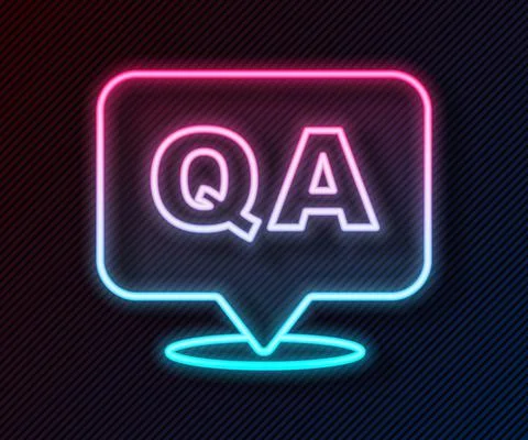 Glowing neon line Speech bubbles with Question and Answer icon isolated on black Stock Illustration