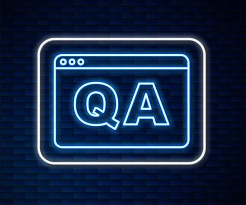 Glowing neon line Speech bubbles with Question and Answer icon isolated on brick Stock Illustration