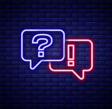 Glowing neon line Speech bubbles with Question and Answer icon isolated on brick Illustrazione stock