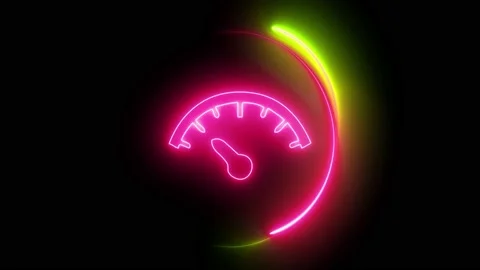 Glowing neon line with speedometer speed time clock icon in blue neon style. Stock Footage 218286762