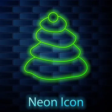 Glowing neon line Stack hot stones icon isolated on brick wall background. Spa Stock Illustration