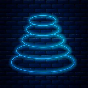 Glowing neon line Stack hot stones icon isolated on brick wall background. Spa Stock Illustration