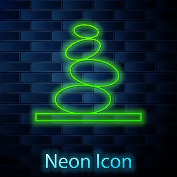 Glowing neon line Stack hot stones icon isolated on brick wall background. Spa Illustrazione stock
