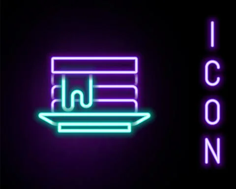 Glowing neon line Stack of pancakes with honey icon isolated on black background Illustrazione stock