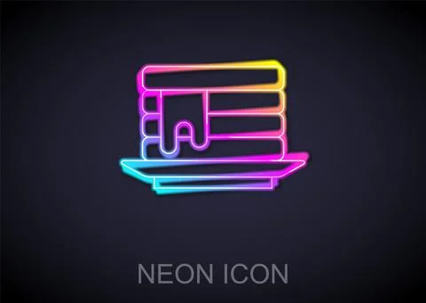Glowing neon line Stack of pancakes with honey icon isolated on black background 스톡 일러스트